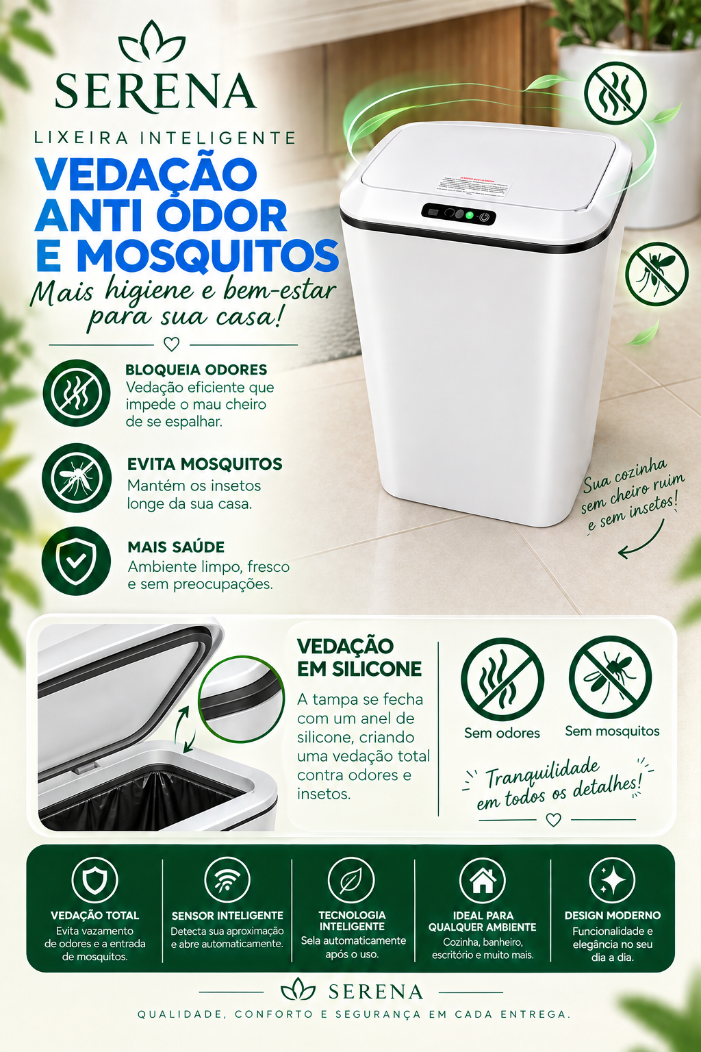 Lixeira Serena com vedação antiodor e proteção contra mosquitos
